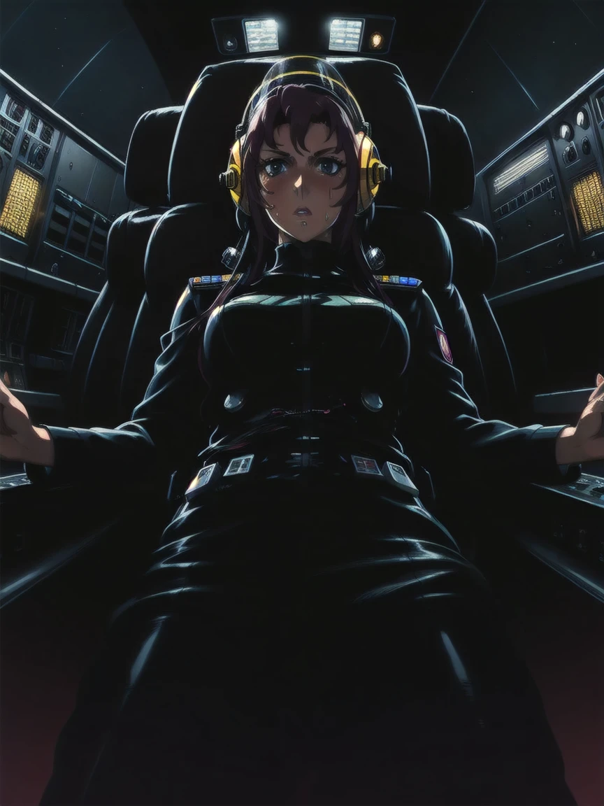 ((gothic vampire piloting in gothic spacecraft)), (((retro anime))), ((from below)), ((120 fov)), ((((gothic control panels)))), ((mature)), (((gothic))), iridescent bodysuit, ((lace accessories)), ((pilot seat)), ((((lying back)) pose)), ((elegant)), (((serious tone))), futuristic, ((cockpit top control panel)), intricate control panel details, 1990s (style), [blushing], sweat, masterpiece, ((claustrophobic)), sparkles, best quality, screens, ((pilot helmet)), ((hands on controls)), night, space, ((cockpit lights))