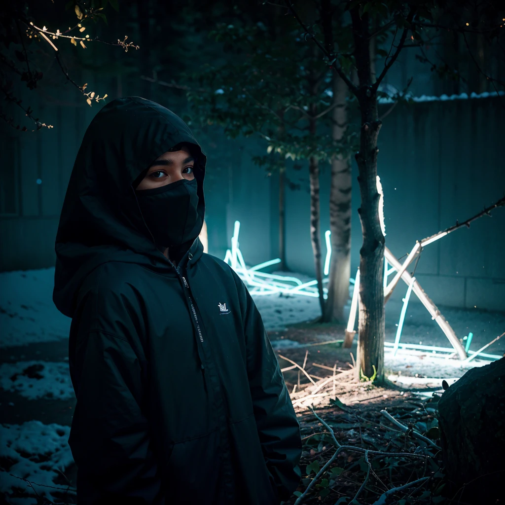 tree masked hooded young men color coridor neon liminal space cold light tamisé