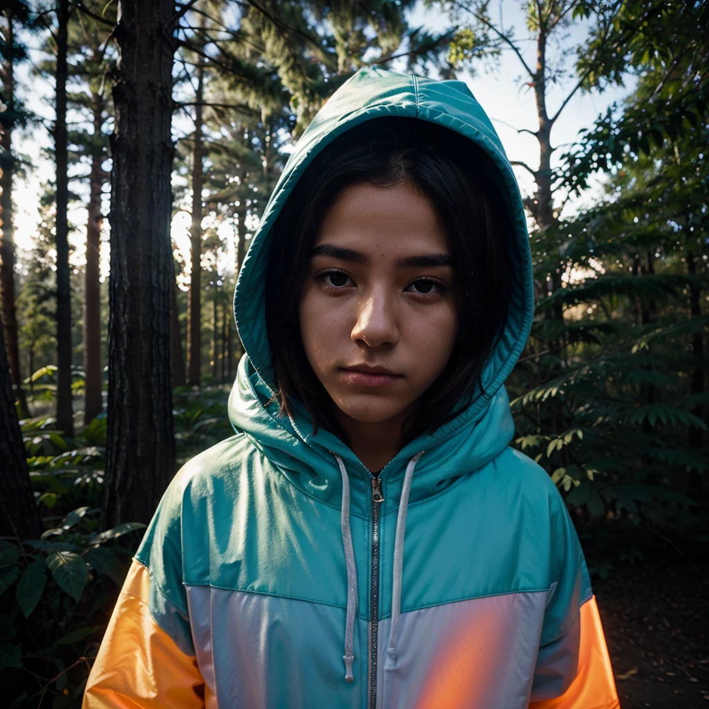tree masked hooded young men color coridor neon liminal space cold light tamisé