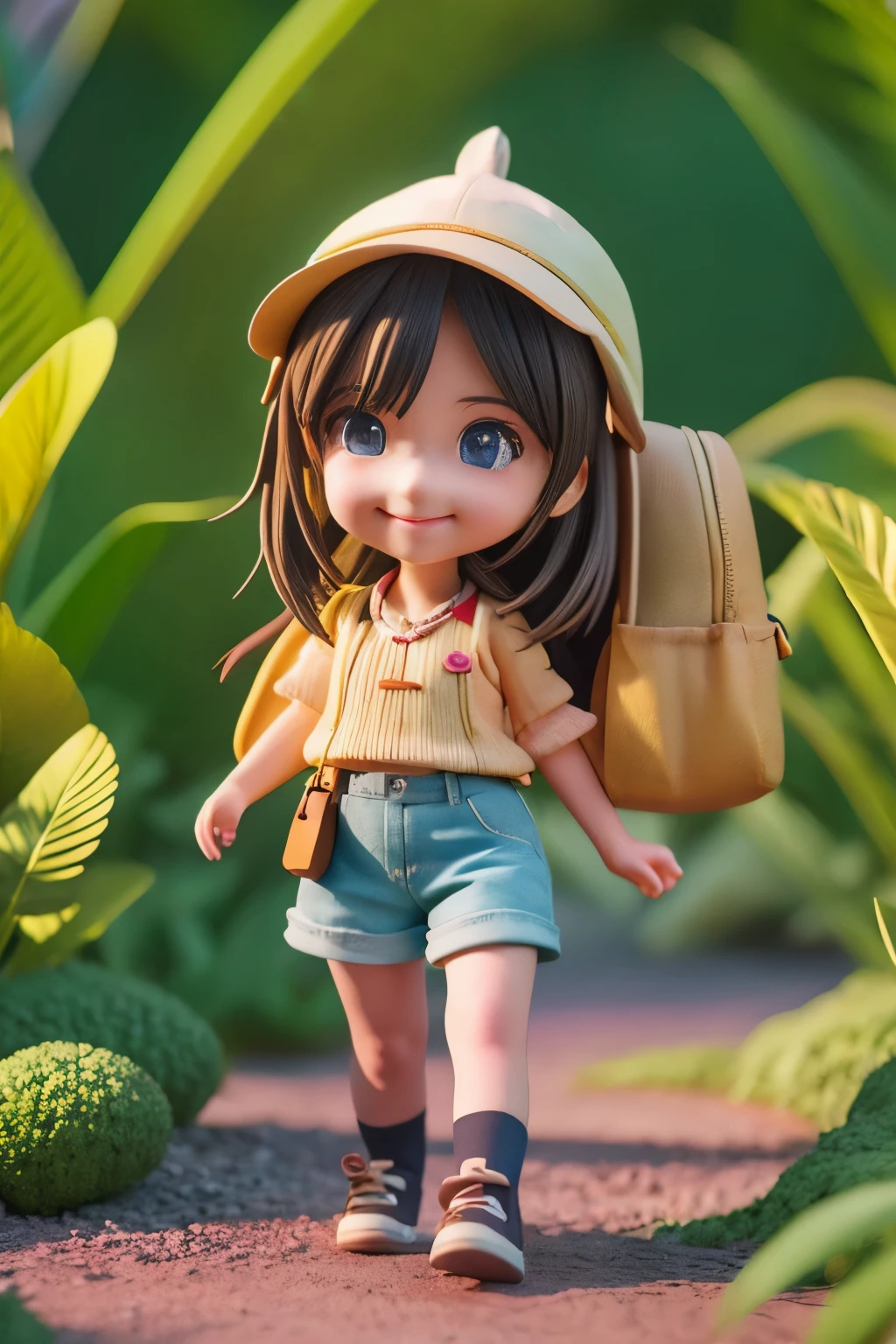 There is a poster of a cartoon character wearing a hat and a backpack., Female Explorer Mini Cute Girl, walking in a wilderness, Flower Jungle, Animation-style rendering, Cute 3D rendering, small character. Unreal Engine 5, Stylized anime, Cute and detailed digital art, Atei Gailan 8K, Stylized 3D rendering, Adventure surreal rendering, Anime style 3D, 3D rendering style、Highest quality、quality、16k、Sensual smile、Shorts。camisole、