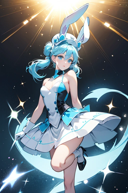 After fusing the Rabbit Miraculous she gained white coloring on her arms and lower legs. There was light blue coloring V shape on her chest with her mask changing from dark brown and white to light blue and white. Her hat also changed from brown and black to light blue and black switching the dog ears to rabbit ears. SPARKLE; GLITTER