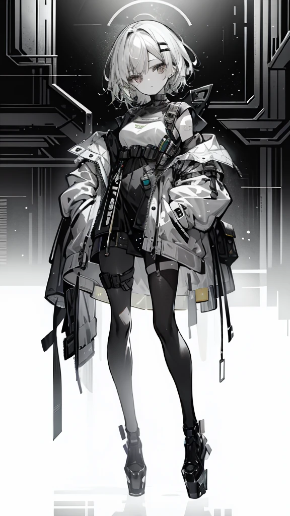 1 girl, short yellow hair, cyberpunk, Alice in Wonderland, black high heels, hand in pocket, best quality, 4k, 8k, highres, masterpiece:1.2, ultra-detailed, realistic, photorealistic, photo-realistic:1.37, HDR, UHD, studio lighting, ultra-fine painting, sharp focus, physically-based rendering, extreme detail description, professional, vivid colors, bokeh, concept art