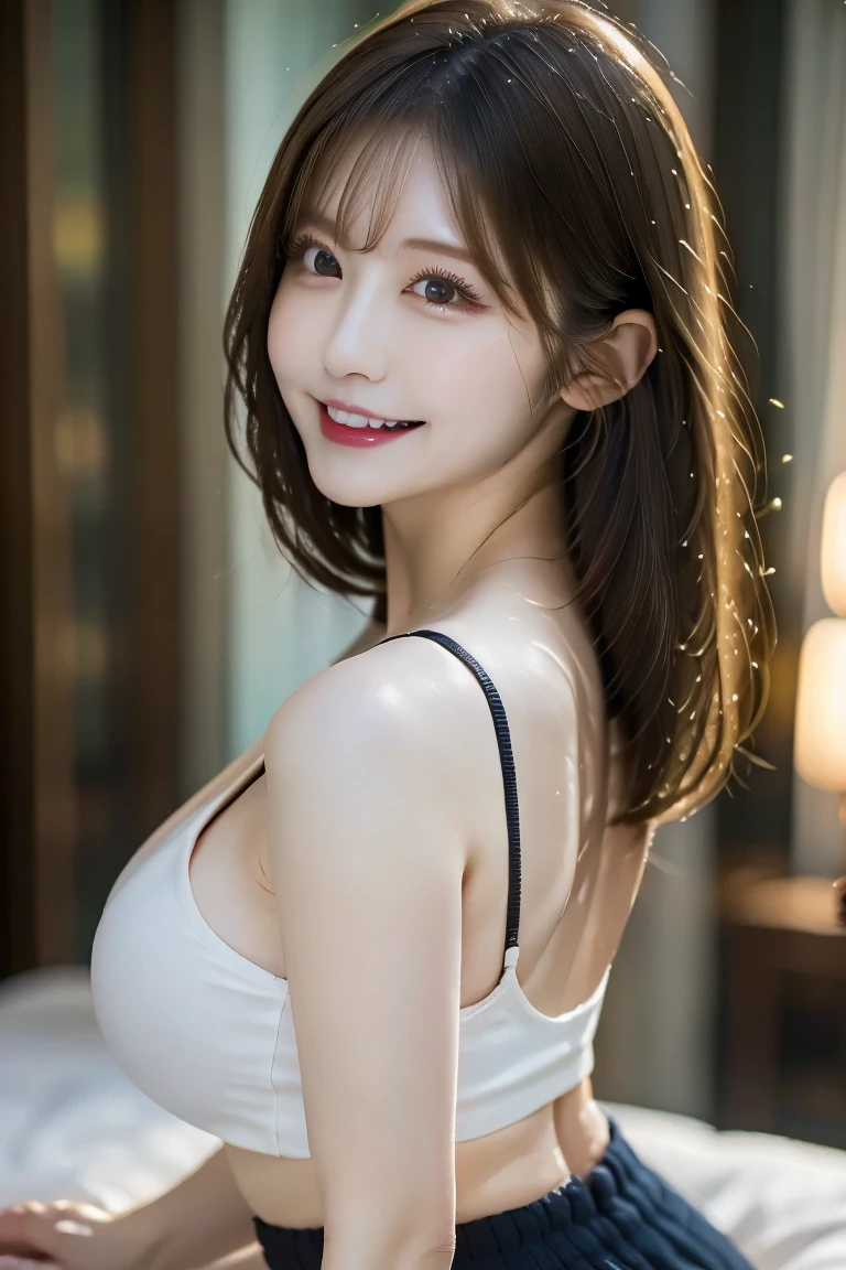 On the bed, Highest quality, shape, Very detailed, In detail, High resolution, 8k wallpaper, Perfect dynamic composition, Beautiful details, Natural Lip, A big shirt that shows your nipples , Big Breasts, Cleavage, She is sitting in a sexy pose and smiling.、Ass pointing at me.., A masterpiece of the whole body, Side Shot