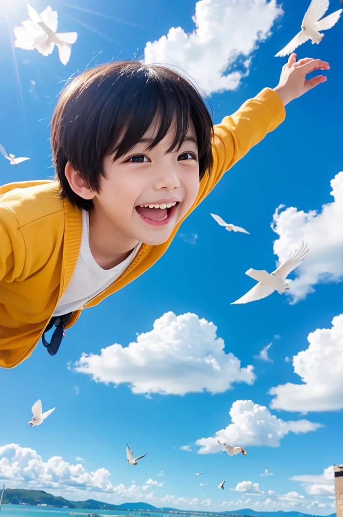 Birds flying high in the sky against a blue sky。Anime Style。A boy is looking at the sky with a big smile