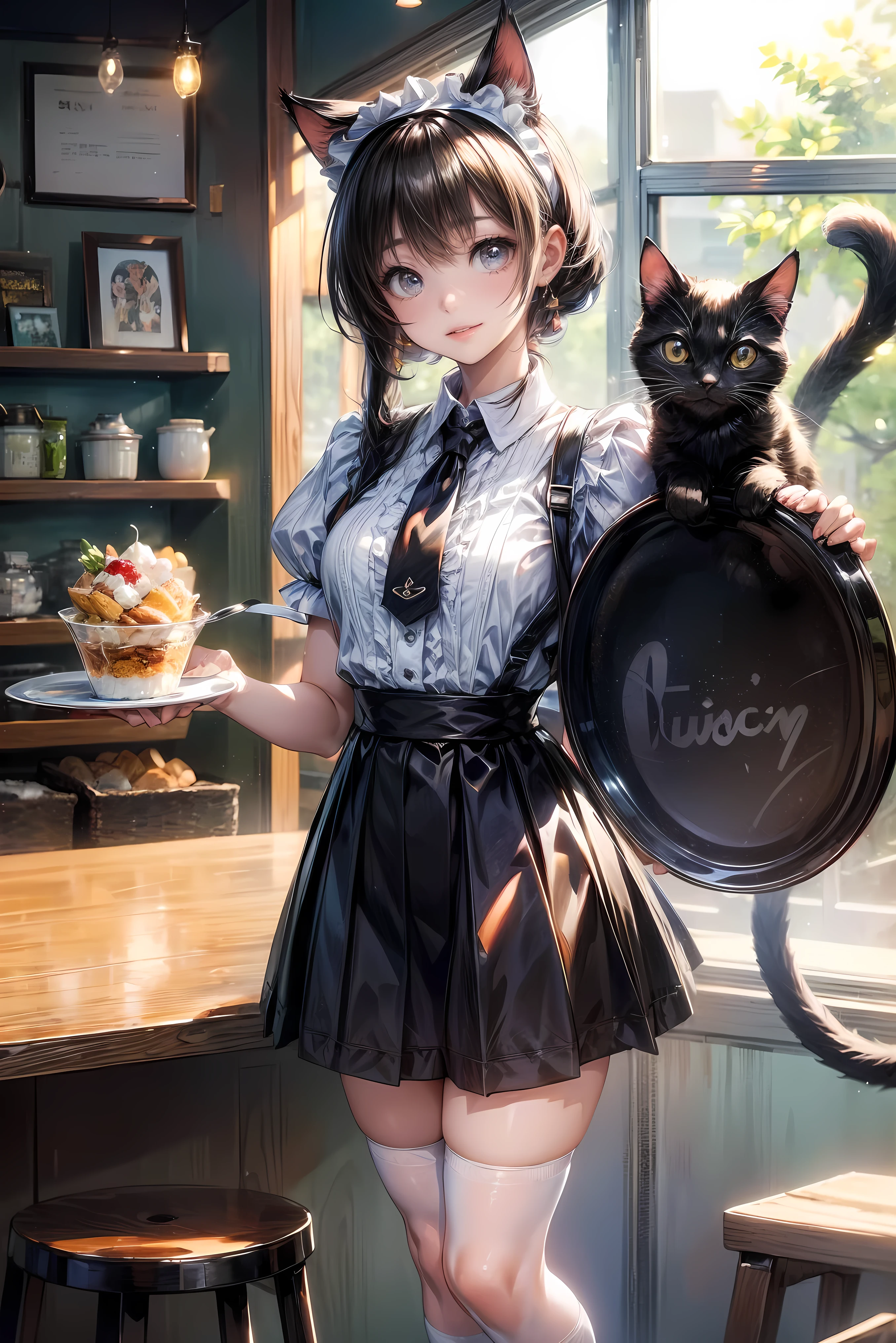 One Girl、(20-year-old woman)、Cat ears headband、Cat tail、Black maid outfit、Holding a tray with two parfaits on it in one hand、With the other hand, lift your skirt to show your underwear、Short skirt、I can see your pants、White knee-high socks、Striped pants、Highest quality、8K、Beautiful Face、Mischievous smile、Wink to the viewer、View Viewer、A bright cafe with a black cat