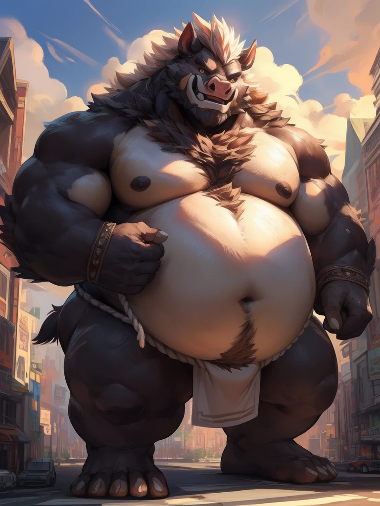 lindong, lucusold, lanxus, a man with a huge belly, furry boar, hog, macro, city, ((fat ripped:1.2, overhang, chubby, more chubby, fat, very huge belly:1.5, obese, massive fat)), smile, thicc, lowres, (fundoshi, cum), giant and fat, danbooru and artstation, heavy detailed, insanely inflated hips, nude, proportionally arms, fluffy chest, commission for high res, detailed but rough, semirealistic:1.3