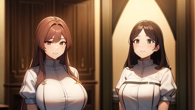 a masterpiece photo of 3 beautiful plump brunette sisters with long fluffy hair, Auburn haired sisters, different hair colors, matching hairstyles, hazel eyes, big And round bust, matching uniforms, smiling, flat color, same height, organized pose, back to back, best quality, 4k, 8k, highres, masterpiece:1.2, ultra-detailed, realistic, photorealistic, photo-realistic:1.37, HDR, UHD, studio lighting, ultra-fine painting, sharp focus, physically-based rendering, extreme detail description, professional, vivid colors, bokeh