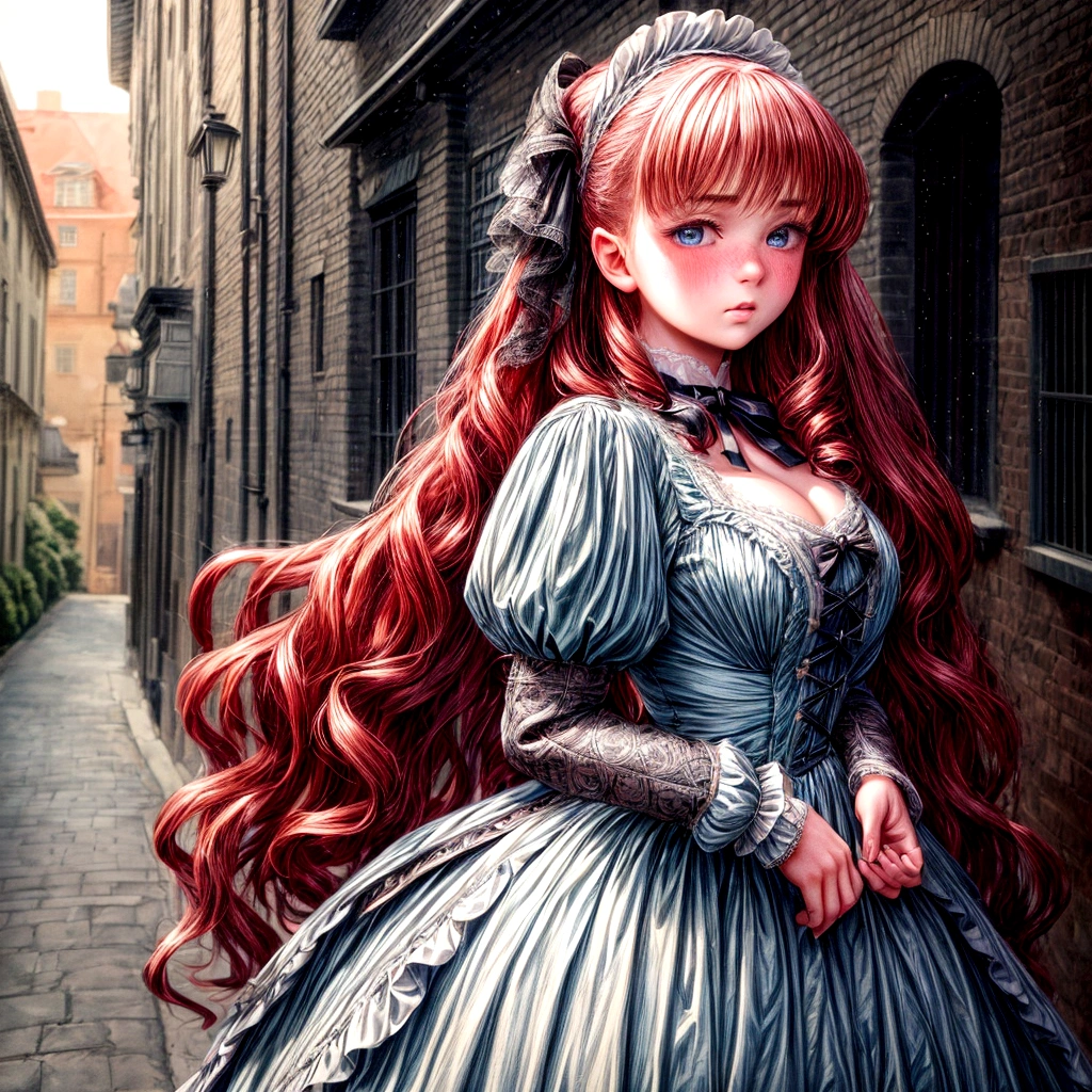 (a closeup of a beautiful  girl on an 18th century street in a vintage dress), (anime girl), (Serious:0.5), (Very detailed face:1.4), ass point of view, Nikon D850, film stock photography, 4 Kodak Portra 400, f1 camera.6 lenses, saturated colors, realistic texture, dramatic lighting, Cinestill 800, 18th century Victorian style, evening, vintage lighting, medium curly hair, wide, redhead, detailed eyes, blue eyes, blush, skirt blown up by the wind, white lace panties, embarrassed expression, she is surprised, view from behind down, night atmosphere, whole body, perfect body in details, sleeve design