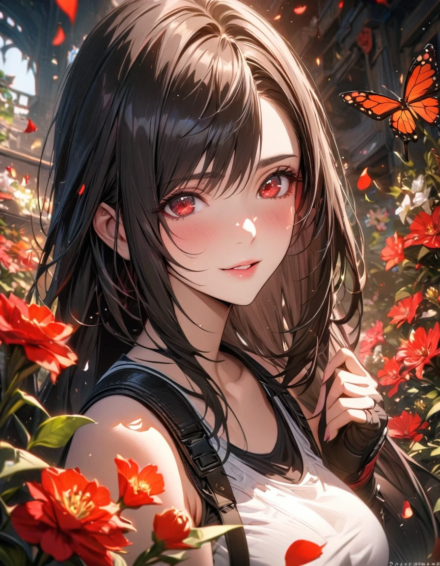 absurdres, highres, ultra detailed, HDR, master piece, Tifa Lockhart, expressive red eyes, black hair, Final Fantasy VII Remake, extremely beautiful, 1 woman only, very detailed face and eyes, flowers and petals, butterflies, best quality