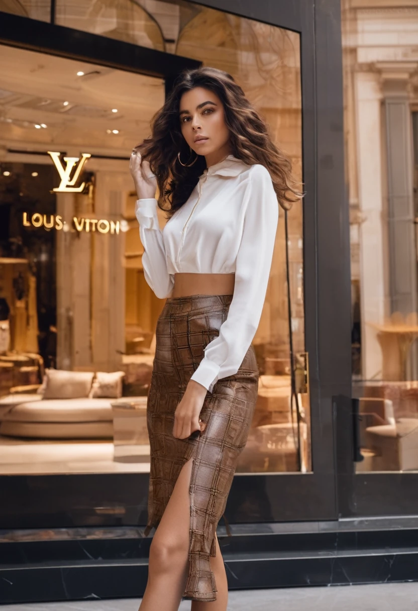 21-year-old girl, brunette, with wavy hair, stands in front of a Louis Vuitton shop, touching her hair. She showcases a slender figure and a model-like appearance, wearing Louis Vuitton pantyhose and a Louis Vuitton crop top, capturing the elegance and sophistication of the moment. Emphasizing the beauty of the surroundings, she exudes a stylish presence, big breasts, the image is taken from the front, providing a beautiful and alluring gaze