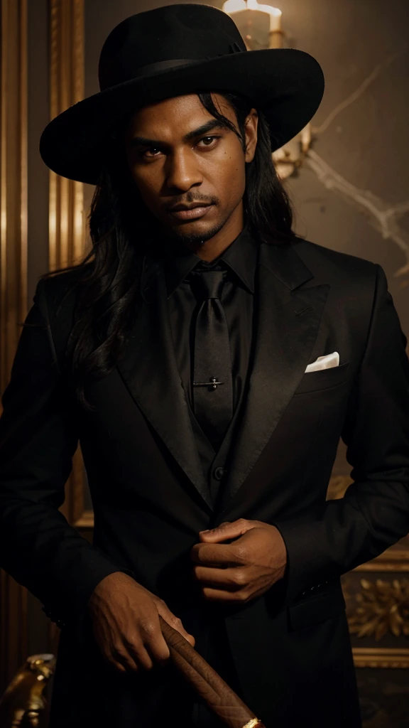 "A demon in formal wear. He has dark skin and a serious expression., with a sharp horn on each side of the head. Your hair is long and wavy, dark in color, and he wears a black felt hat. The demon wears a red suit with gold details, a white shirt and a black tie. he holds a cigar, exhaling smoke around you, creating a mysterious and intimidating atmosphere."