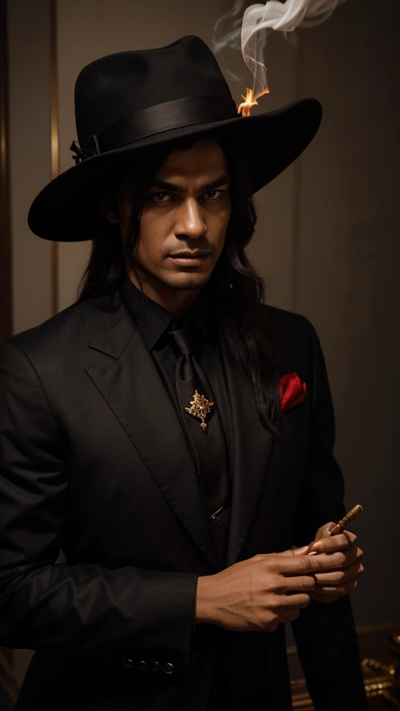 "A demon in formal wear. He has dark skin and a serious expression., with a sharp horn on each side of the head. Your hair is long and wavy, dark in color, and he wears a black felt hat. The demon wears a red suit with gold details, a white shirt and a black tie. he holds a cigar, exhaling smoke around you, creating a mysterious and intimidating atmosphere."