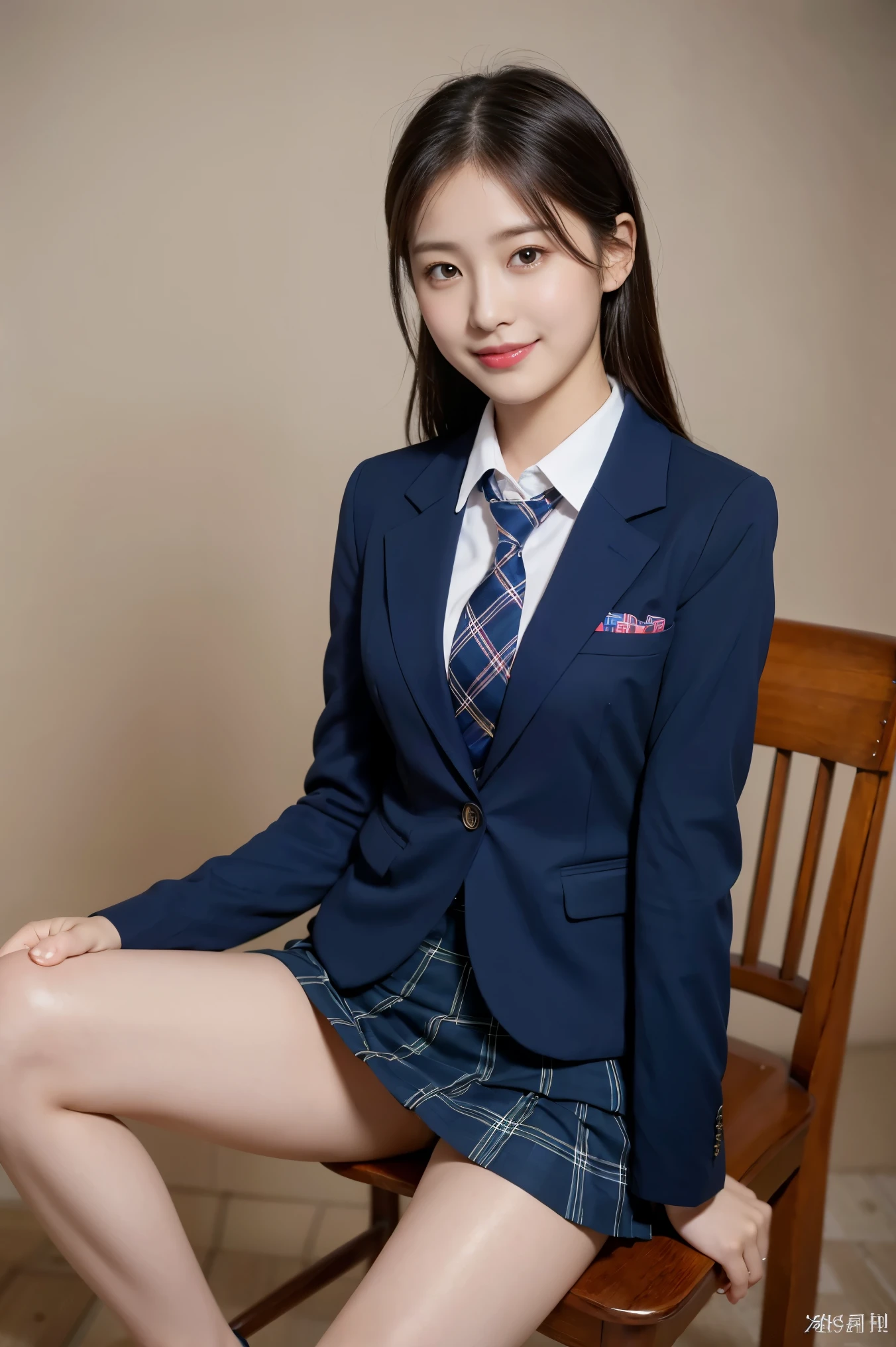 (8k), (highest quality: 1.2), (Realistic), (Realistic: 1.37), Ultra-high resolution, (1 girl), cute, blush,Embarrassed smile, Beautiful details, Beautiful Nose, straight Hair, Giant Dulcefo, pork, Thighs,Self Snap,University Uniforms,(A simple dark blue blazer:1.4),(Pleated skirt:1.2),(The skirt and tie are tartan check pattern.:1.3),(Sitting:1), Sit on the chair,(Hold my feet:1),(Shiny legs:1.2),from the front,knees
