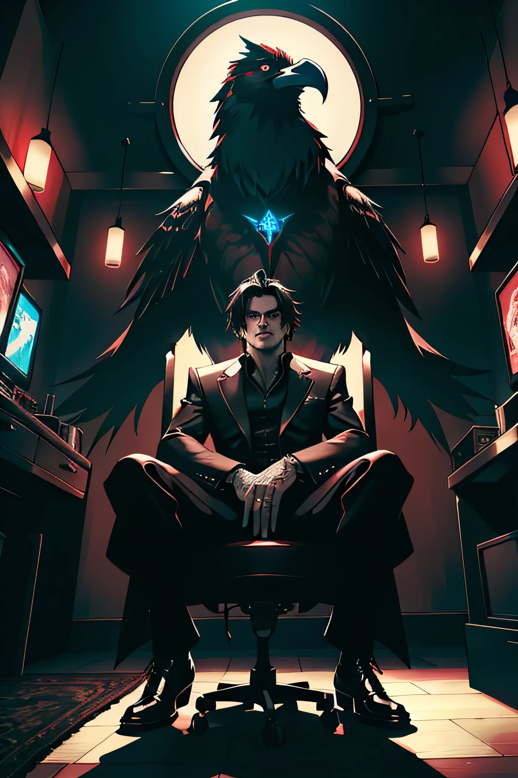 a man sitting in front of a monitor, gamer room, raven theme, highly detailed, cinematic lighting, dramatic shadows, moody atmosphere, hyper realistic, volumetric lighting, deep blacks, glowing red eyes, raven feathers, dark fantasy, gothic decor, ominous presence, intricate details, realistic textures, HDR, 8K