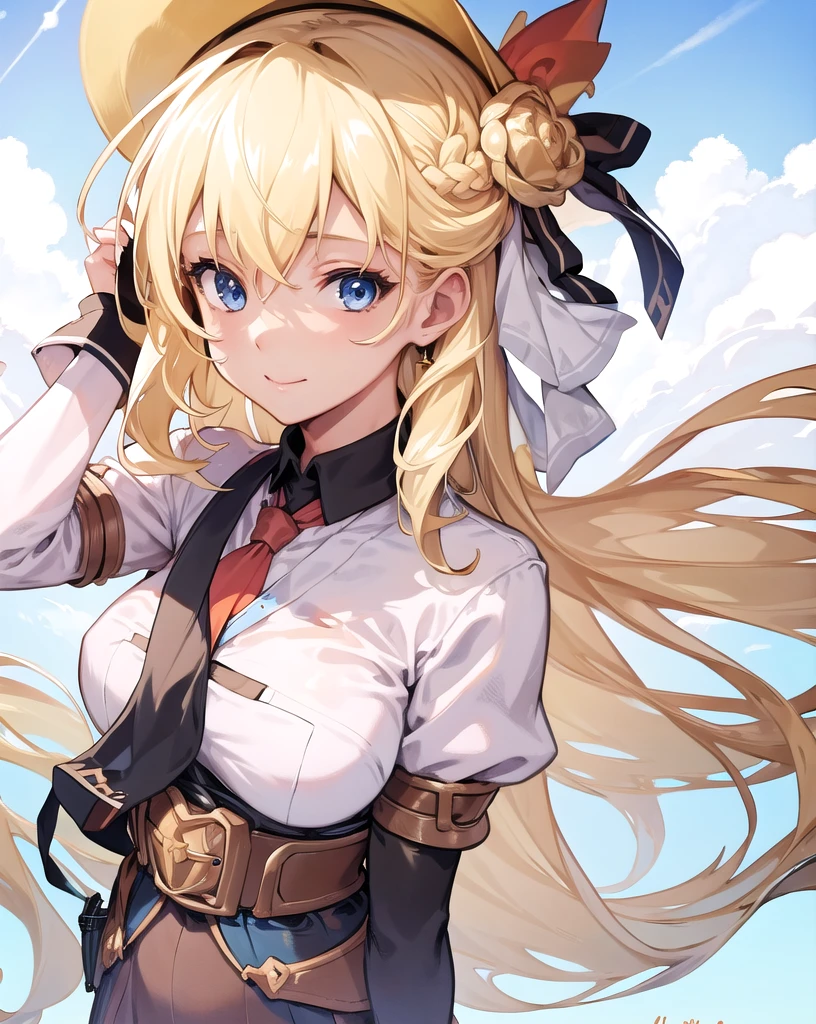 best quality, (masterpiece:1.2), illustration, absurdres, (1girl), (solo), (beautiful detailed girl), (upper body, portrait),
Agnes Claudel, blonde hair, long hair, low-tied long hair, hair ribbon, blue eyes, large breasts,  green , red necktie, black pleated skirt, black thighhighs, brown loafers,
looking at viewer, happy
desert, mesas, sun, sky,