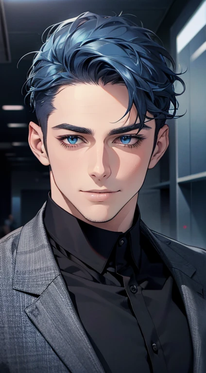 (best quality,4k,8k,highres,masterpiece:1.2),ultra-detailed,(realistic,photorealistic,photo-realistic:1.37),1 man,31 years old,mature man,very handsome,without expression,smile,short blue hair,blue eyes,penetrating gaze,perfect face without errors,imposing posture,businessman,office background,cinematic lighting,hdr image