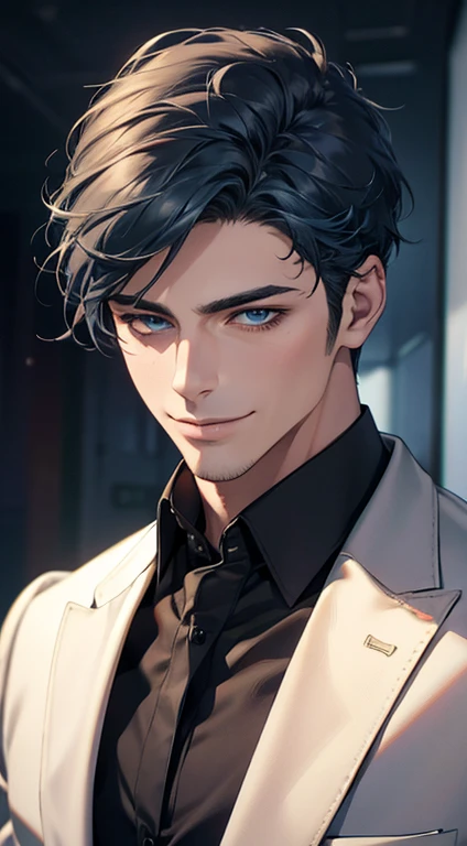 (best quality,4k,8k,highres,masterpiece:1.2),ultra-detailed,(realistic,photorealistic,photo-realistic:1.37),1 man,31 years old,mature man,very handsome,without expression,smile,short blue hair,blue eyes,penetrating gaze,perfect face without errors,imposing posture,businessman,office background,cinematic lighting,hdr image