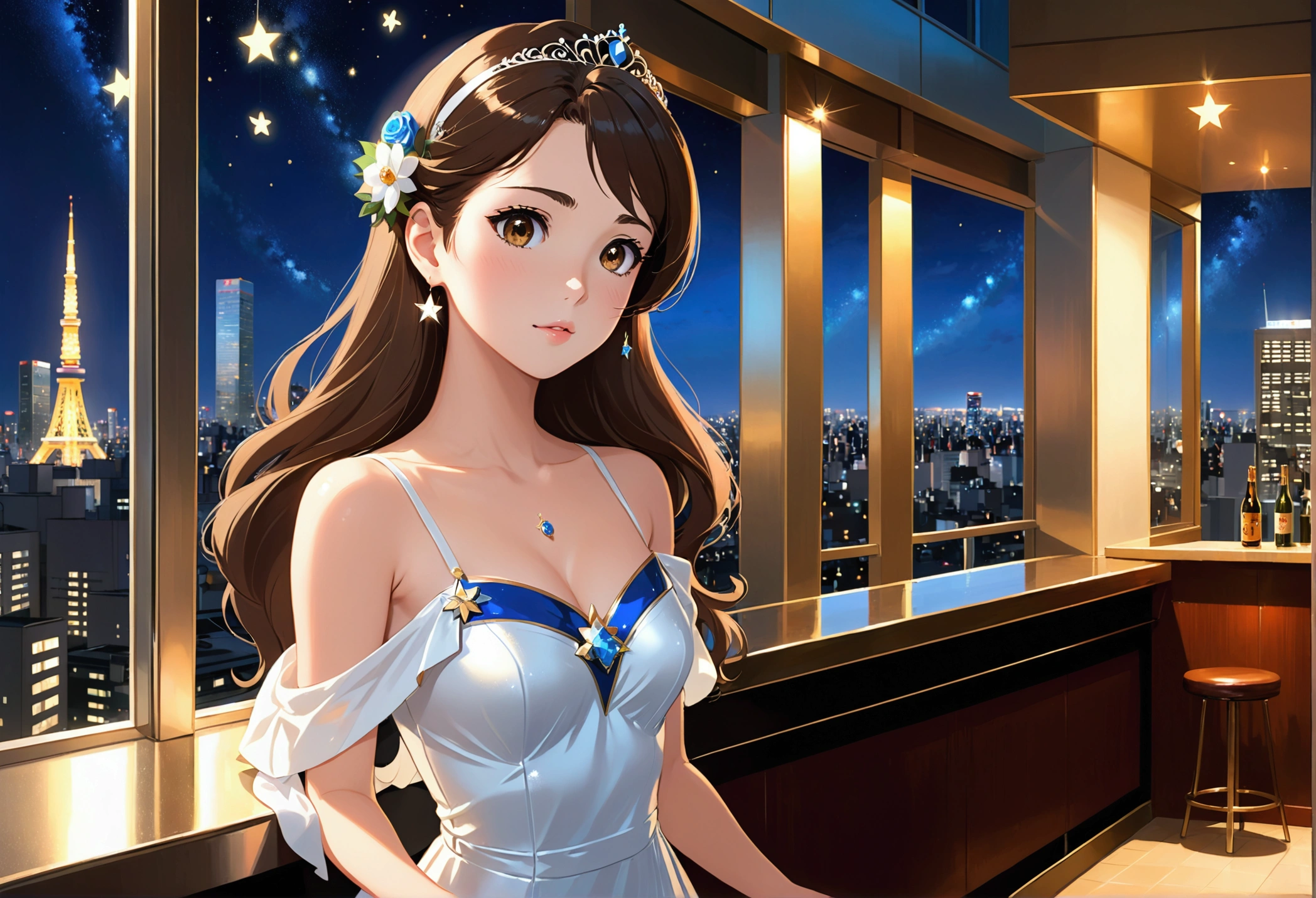 Uses Makoto Shinkai's perfectly rendered portrait of miss world champion 2023, 8k 4k masterpiece photo ,Tokyo, pub on top floor of high-rise building, twinkling stars through glass window. It's a dark night outside, jazz music is playing, profile, beautiful profile, calm expression, long brown hair, not looking at me, looking the other way, standing alone without leaning on the counter, wearing a white tube top dress, large bust, 5 fingers, fingers carefully placed. 5 fingers, fingers carefully