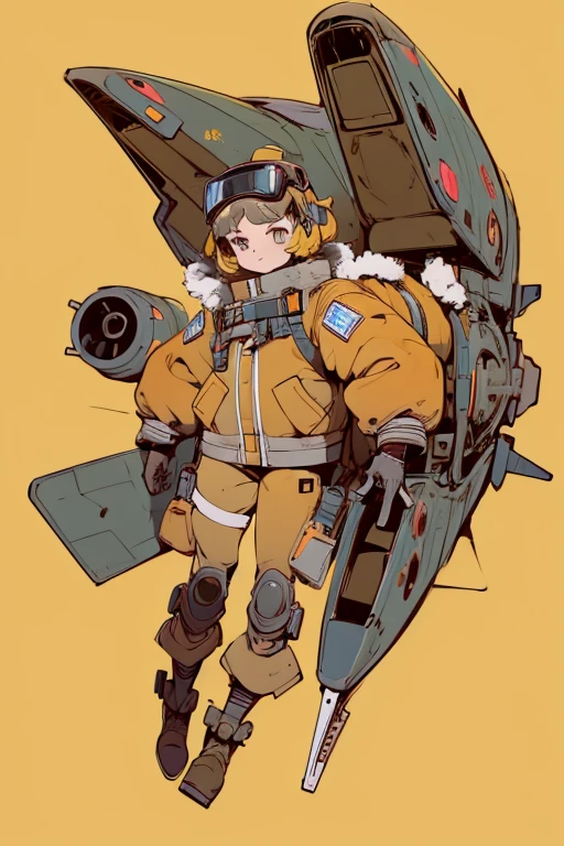 full body image, (ultra detailed,ultra high res,detailed background),((2D)),((flat color)),((muted color)), 1solo, looking at viewer, baggy flight suit, large shearling collared bomber jacket, (big yellow galoshes), plush collar, full body image, wearing vr goggles, ((baron desert intricut background)), ((apocalyptic city)), entire body in frame, ((drone next to her))