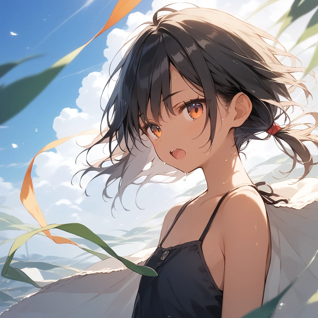 score_9, score_8_up, score_7_up, source_anime, best quality, masterpiece, official art, absurdres, highres, ultra-detailed,waifu2x,Collection: Slice of Life,break,1girl, tomboy, dark-skinned female, short hair, low ponytail, flat chest, beautiful detailed eyes, short shorts, sweat, open mouth, (yawn:0.3), sleepily, outdoors, wind,break,(clear line illustration:1.2), super detailed skin,very high resolution, very aesthetic, Best sexual lighting powered by famous artist, 8k,cute picture,beauty illustration,photoshop_(medium),,(Detailed Lighting),best anime 8k konachan wallpaper, pixiv contest winner,