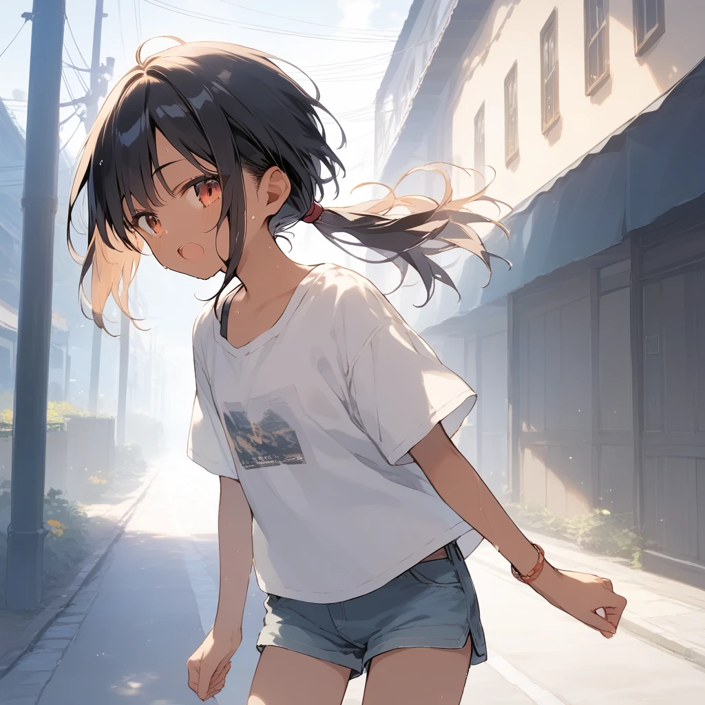 score_9, score_8_up, score_7_up, source_anime, best quality, masterpiece, official art, absurdres, highres, ultra-detailed,waifu2x,Collection: Slice of Life,break,1girl, tomboy, dark-skinned female, short hair, low ponytail, flat chest, beautiful detailed eyes, short shorts, sweat, open mouth, (yawn:0.3), sleepily, outdoors, wind,break,(clear line illustration:1.2), super detailed skin,very high resolution, very aesthetic, Best sexual lighting powered by famous artist, 8k,cute picture,beauty illustration,photoshop_(medium),,(Detailed Lighting),best anime 8k konachan wallpaper, pixiv contest winner,