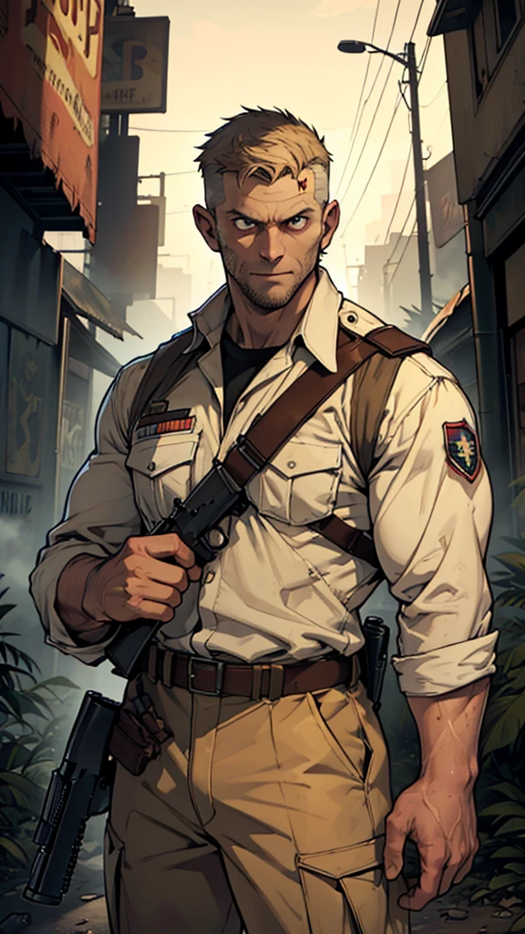 a muscular, 30-year-old white man (survivor of a zombie apocalypse world), (a military man wearing lined suits), (strong arms and light brown eyes), (holds a rifle in his hands)