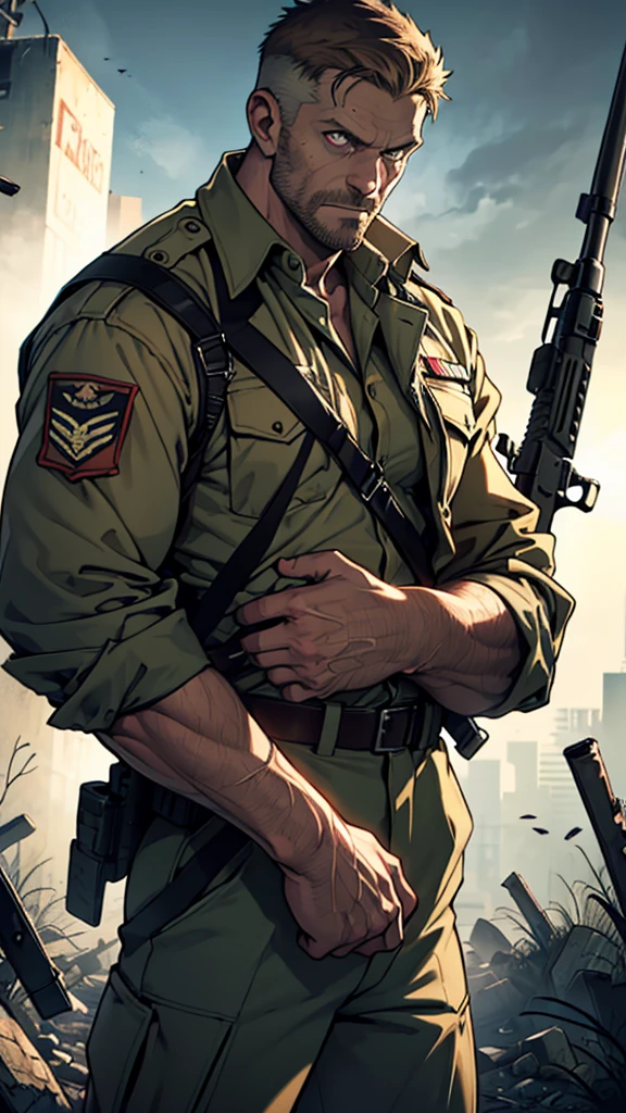 a muscular, 30-year-old white man (survivor of a zombie apocalypse world), (a military man wearing lined suits), (strong arms and light brown eyes), (holds a rifle in his hands)