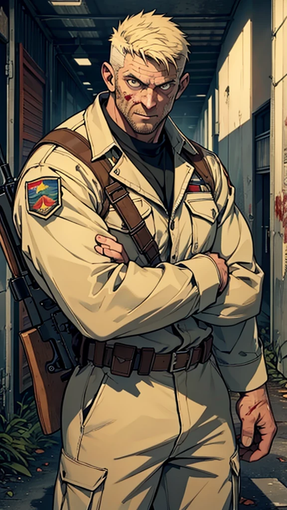 a muscular, 30-year-old white man (survivor of a zombie apocalypse world), (a military man wearing lined suits), (strong arms and light brown eyes), (holds a rifle in his hands)