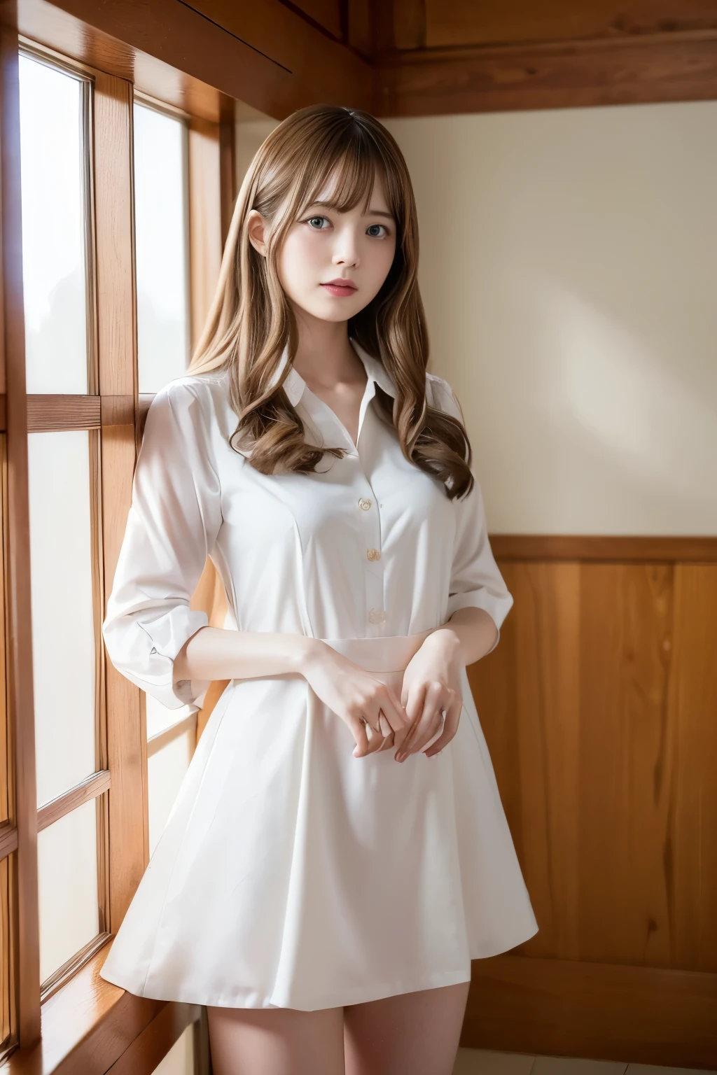 ((masterpiece:1.1, Highest quality:1.1, 32k HDR, High resolution)), (1 Girl, alone), (Mai Shiraishi'Ultra-Realistic Portraits:1.15, Japanese Idols), (whole body:1.5, A cut shirt that accentuates the chest:1.6、(Wet cutter shirt、Black lingerie is see-through)、break、Red tight mini skirt、 Big Breasts:1.2)walking, Perfect slim body:1.1), Highly detailed face, Beautiful Eyes, Realistic skin texture, Fine skin、 Shiny skin, Looking at the audience, Light brown hair, Wavy Hair, Grey Hair, Half Up、Troubled face:1.2, Silver Earrings,((The background is an office hallway))、