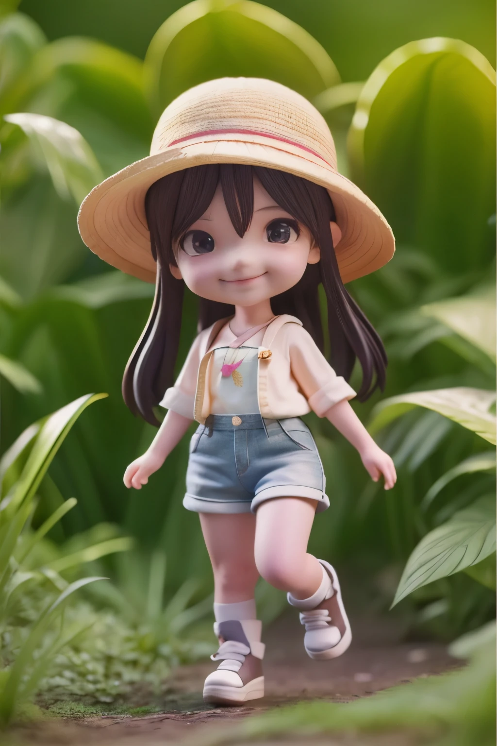 There is a poster of a cartoon character wearing a hat, Female Explorer Mini Cute Girl, walking in a wilderness, Flower Jungle, Animation-style rendering, Cute 3D rendering, small character. Unreal Engine 5, Stylized anime, Cute and detailed digital art, Atei Gailan 8K, Stylized 3D rendering, Adventure surreal rendering, Anime style 3D, 3D rendering style、Highest quality、quality、16ｋ、Sensual smile、Shorts。camisole、