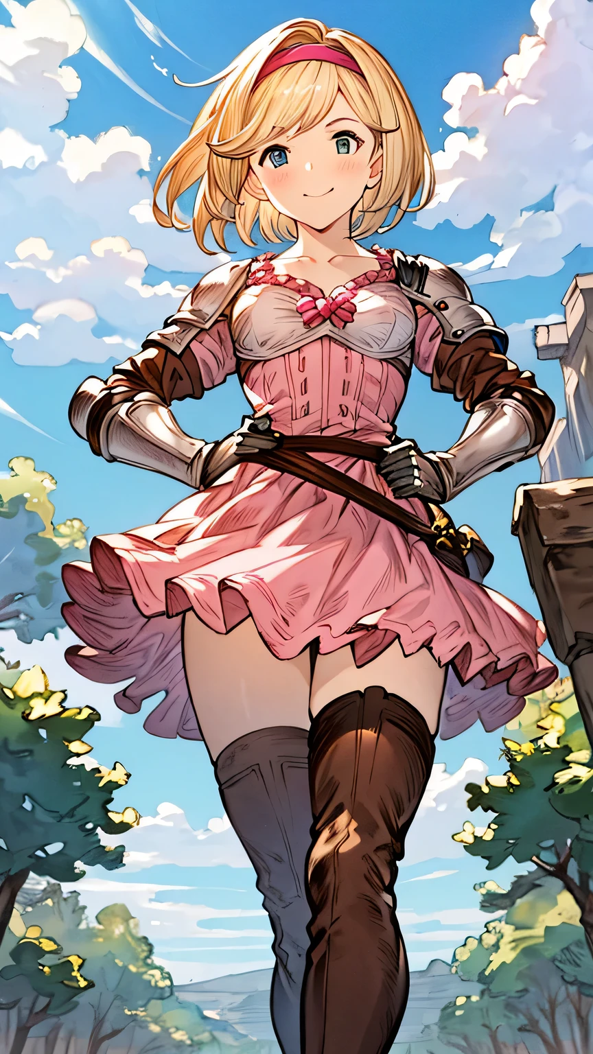 {{{masterpiece}}}, {{{best quality}}}, {{ultra-detailed}}, {illustration}, {{an extremely delicate and beautiful}}, (beautiful detailed eyes:1.6), extremely detailed face, 8k, anime face, djeeta(granblue fantasy), djeetadef, solo, 1girl, cute face, blonde hair, short hair, brown eyes, very big eyes, thin waist, big hips, curvaceous, pink hairband, pink dress, pink skirt, brown thigh boots, collarbones, gauntlets, armor, thighs, zettai ryouiki, BREAK, spread legs, hands on hips, standing, smiling, flushed cheeks, peer in from below, outdoor, sky, daytime, ruins, forest, field