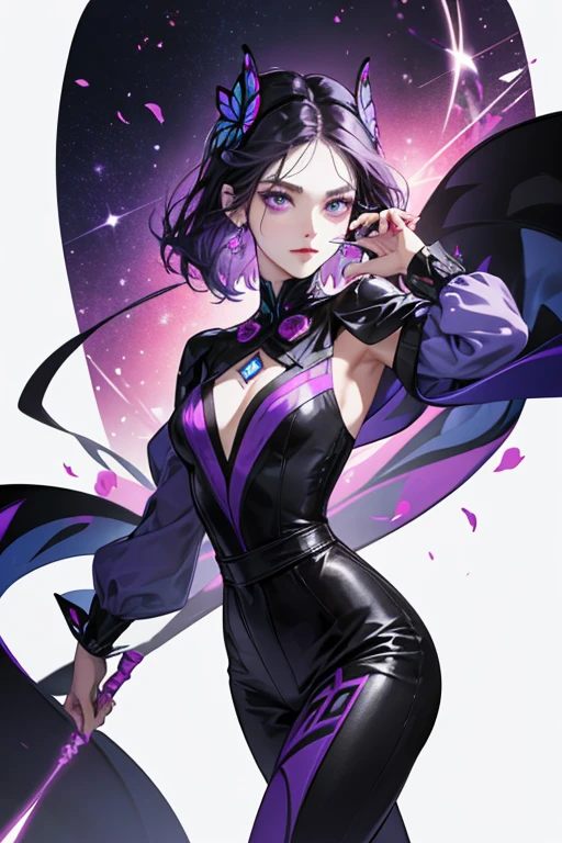 Lady Wifi had a very deep violet butterfly-shaped mask on her face, and her eyes were moderate cerise. The top of her hair turned a slightly darker shade, and she wore a very dark purple supervillain jumpsuit, her lower arms, and legs white with three stripes that were white above each. On her chest was a glowing light brilliant rose Wi-Fi symbol, and a thin white line went around her waist, with the line creating a semicircle above a short vertical white line in the front, resembling a power button. SPARKLE; GLITTER