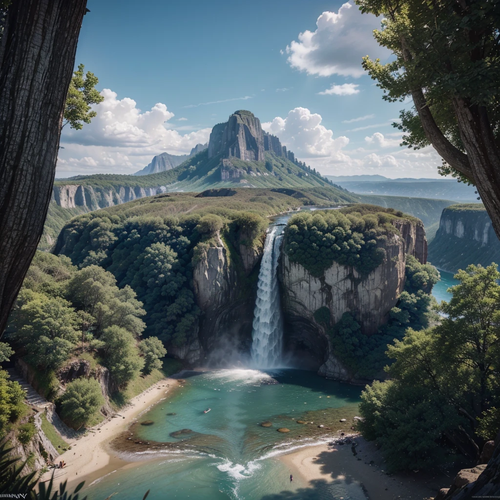 Masterpiece, Best Quality, high quality, Extremely detailed CG unity 8k wallpaper, landscape, exterior, sky, cloud, sky, nonhuman, mountain, landscape, water, tree, blue sky, waterfall, cliff, nature, lake, River , cloudy skies, award-winning photography, bokeh, depth of field, HDR, Bloom, chromatic aberration, photorealism, Very detailed, trend on Artstation, trend on CGsociety, intricate, high detail, dramatic, midway art