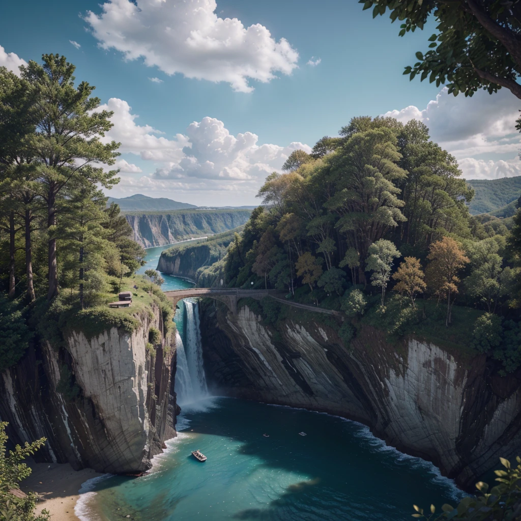 Masterpiece, Best Quality, high quality, Extremely detailed CG unity 8k wallpaper, landscape, exterior, sky, cloud, sky, nonhuman, mountain, landscape, water, tree, blue sky, waterfall, cliff, nature, lake, River , cloudy skies, award-winning photography, bokeh, depth of field, HDR, Bloom, chromatic aberration, photorealism, Very detailed, trend on Artstation, trend on CGsociety, intricate, high detail, dramatic, midway art