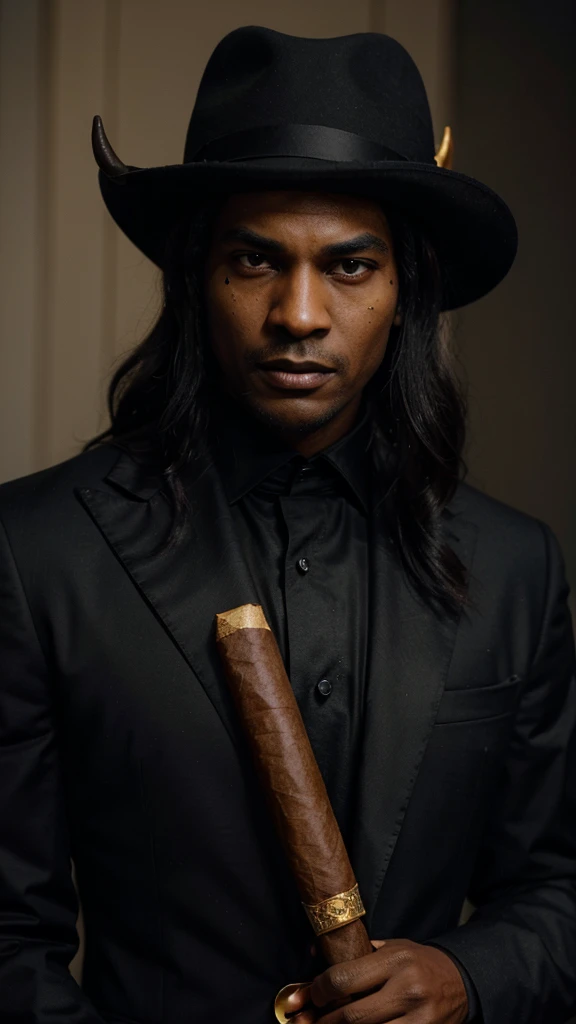 "A black horned demon in formal wear. He has dark skin and a serious expression., with a sharp horn on each side of the head. Your hair is long and wavy, dark in color, and he wears a black felt hat. The demon wears a red suit with gold details, a white shirt and a black tie. he holds a cigar, exhaling smoke around you, creating a mysterious and intimidating atmosphere."