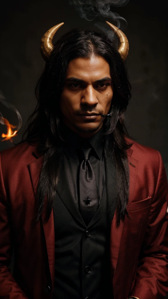 "A black horned demon in formal wear. He has dark skin and a serious expression., with a sharp horn on each side of the head. Your hair is long and wavy, dark in color, and he wears a black felt hat. The demon wears a red suit with gold details, a white shirt and a black tie. he holds a cigar, exhaling smoke around you, creating a mysterious and intimidating atmosphere."