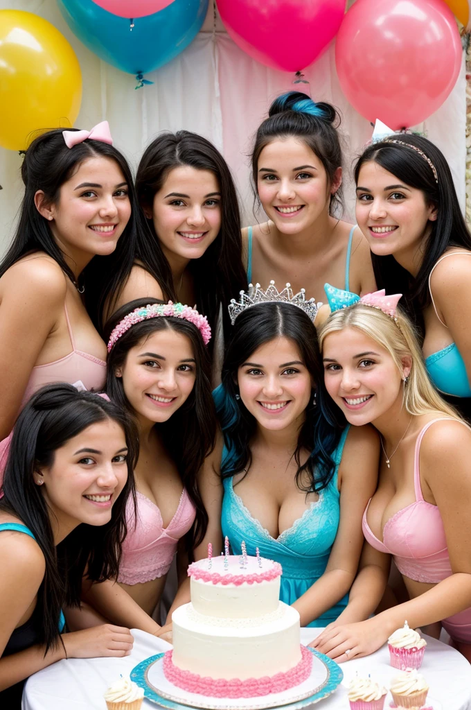 Four 18 year old girls. Two of them blonde, one black hair, one blue hair, one brown hair. Posing standing. Pink birthday party, lots of cleavage, cake in front. White girls, sitting