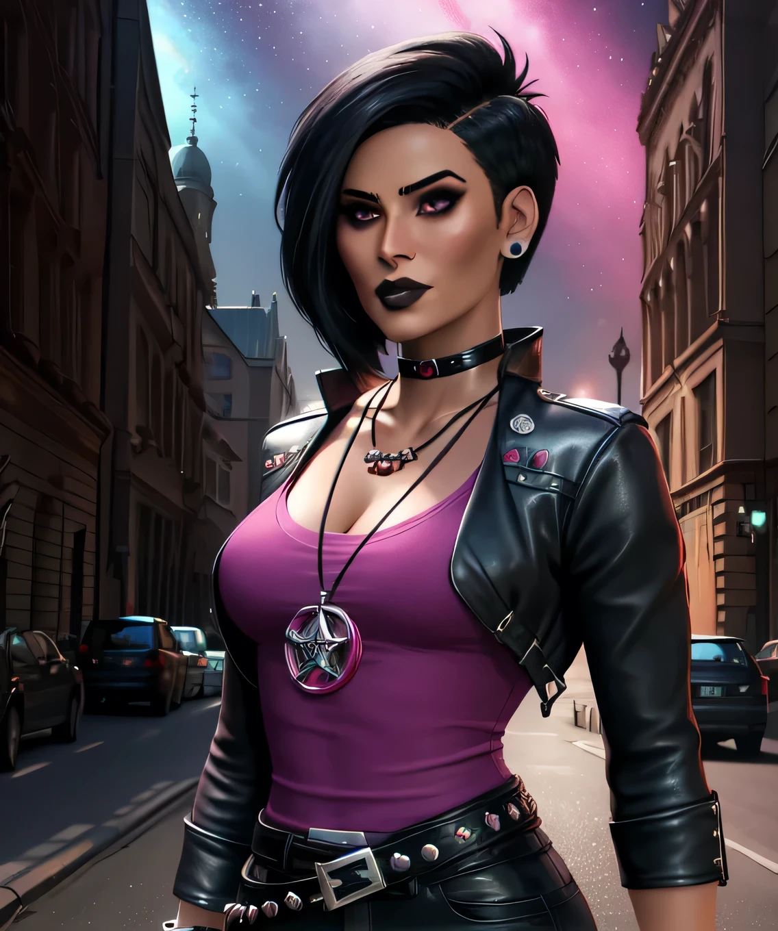 nico,piercing,nose piercing,black hair,hair to side,black lips,short short hair, brown eyes, 
earrings,necklace,leather jacket,pink shirt,belt,black pants,bracelet,choker,
standing,upper body,
night,outside,cathedral,
(insanely detailed, beautiful detailed face,beautiful detailed eyes, masterpiece, best quality),solo,