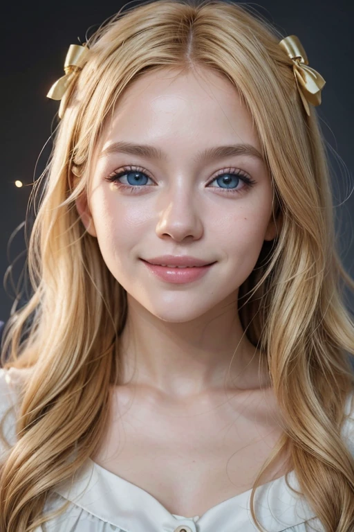 realistic portrait photo of beautifl woman with blonde hair, colombian, influencer, blue eyes, no makeup, instagram, smiling, blonde hair, orange eyes, light smile, curly hair, hair ornament, ribbon, sparkle, modern, vignetting, Social realism, UHD, anatomically correct, best quality