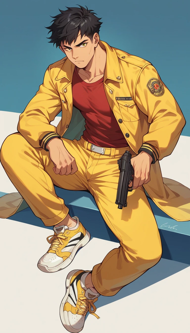 adult man, black hair, red shirt,solo, yellow jacket, yellow pants, yellow sneakers, gun on his waist