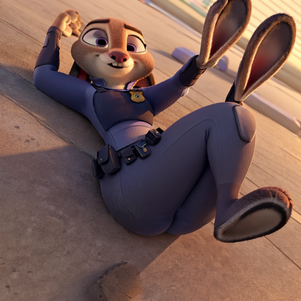 By disney pixar, 3d, duo, by qupostuv35, macro, ((judy hopps, lying down)), female, zootopia, Police uniform, thigh crushing, (break, (micro nick wilde between Judy's thighs)), butt, full body