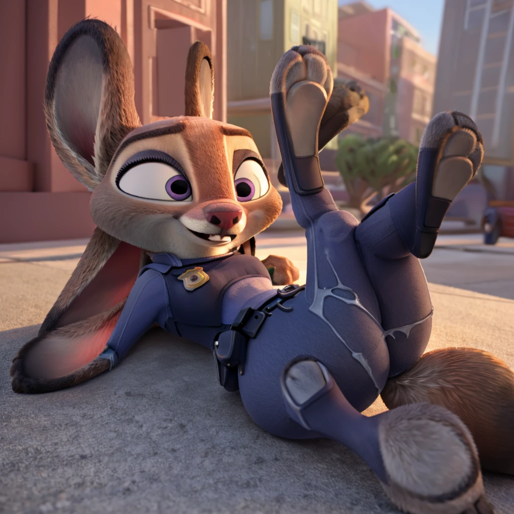 By disney pixar, 3d, duo, by qupostuv35, macro, ((judy hopps, lying down)), female, zootopia, Police uniform, thigh crushing, (break, (micro nick wilde between Judy's thighs)), butt, full body