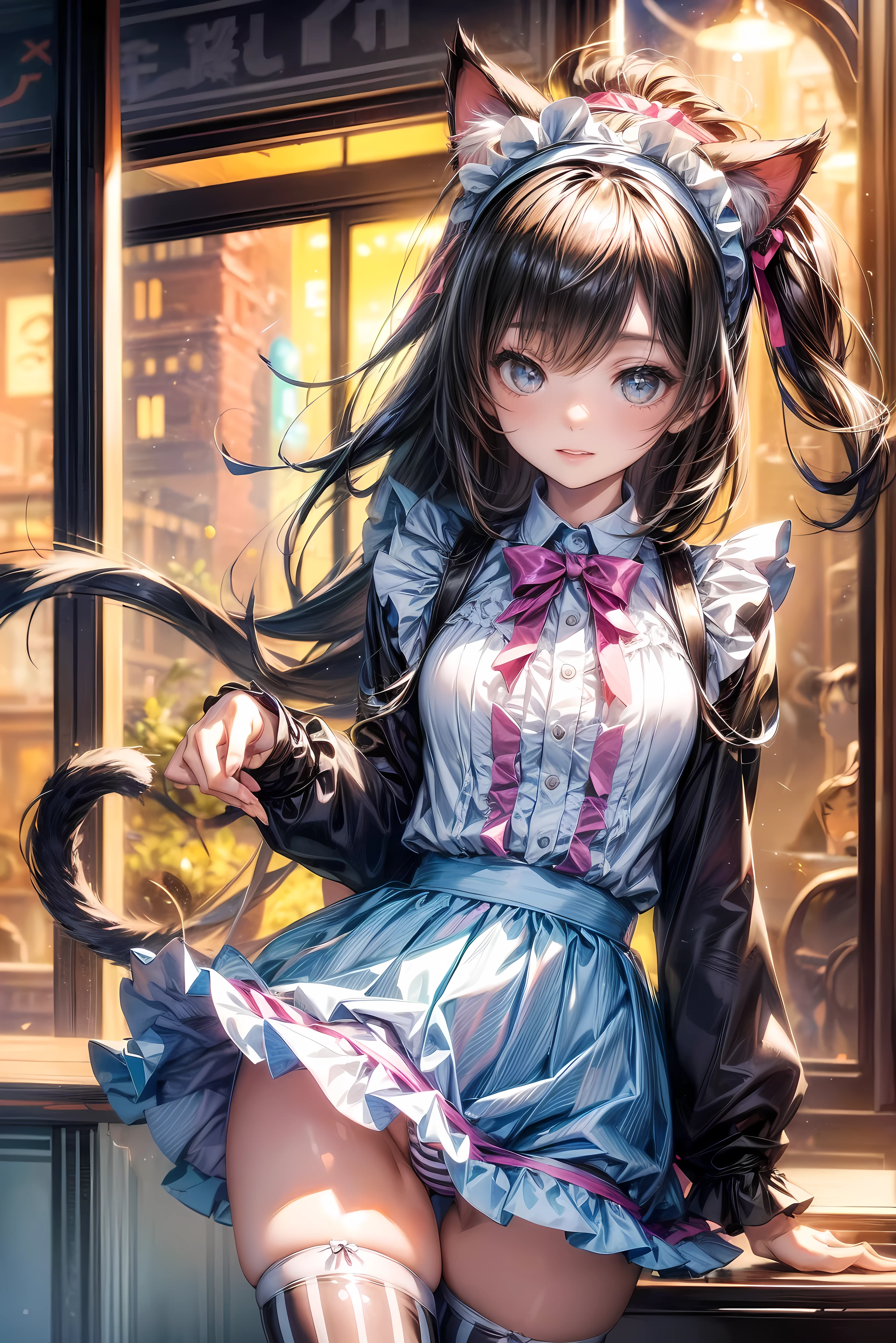 One Girl、Cat ears headband、Cat tail、Maid、Short skirt、Thigh-high socks、Striped pants、Highest quality、8K、Beautiful Face、Mischievous smile、Lift your skirt to show your underwear、Wink、View Viewer、Bright cafe