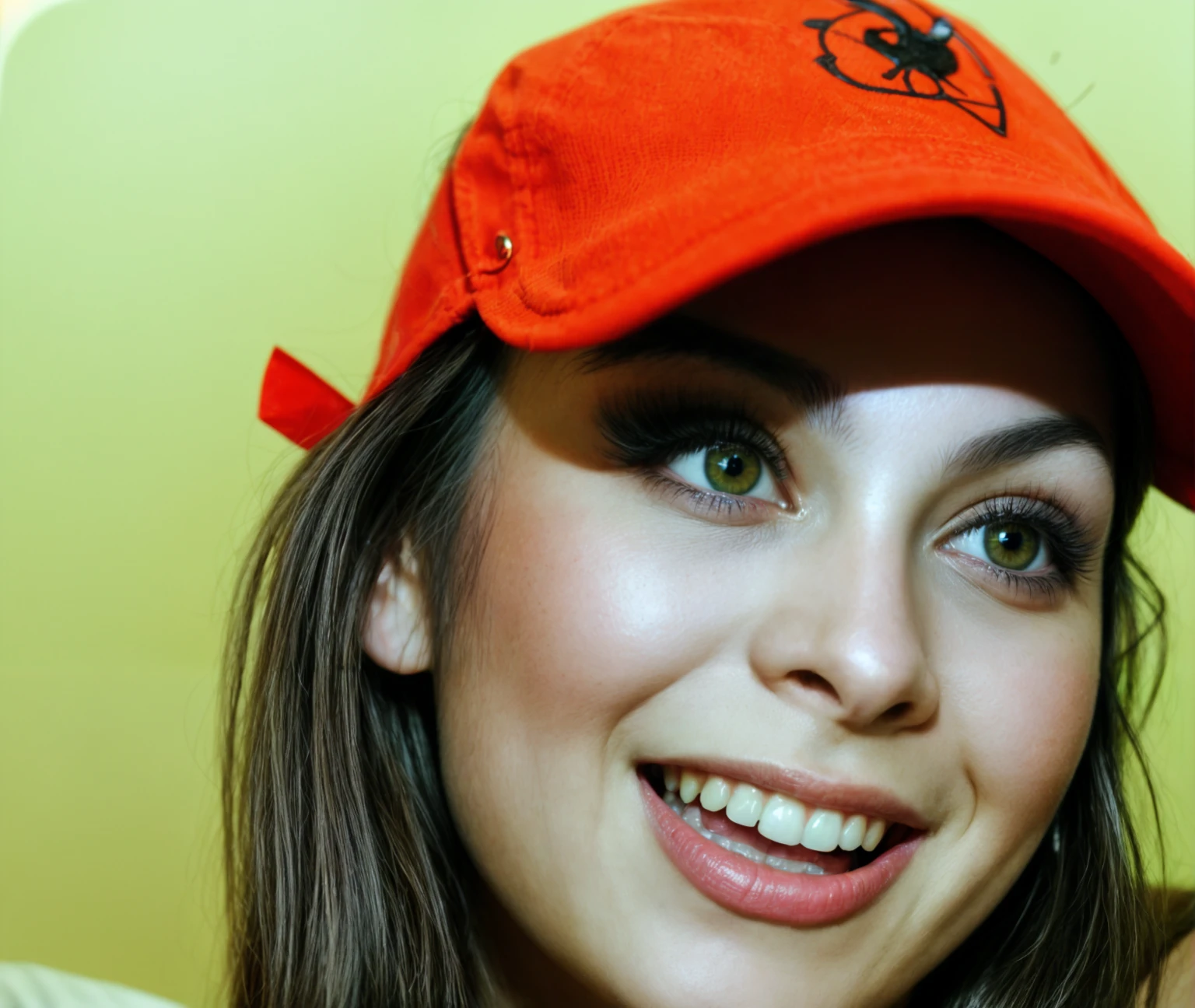 smiling woman wearing a Red Hat and black tank top, Portrait Sophie Mudd, in front of an orange background, a pretty and beautiful young woman, wearing baseball cap, Wearing a baseball cap, Anastasia Ovchinnikova, smiling young woman, smiling face of fashion model, Wearing a baseball cap, usando una Red Cap al revés, model happy face, Red Hat, Red Cap