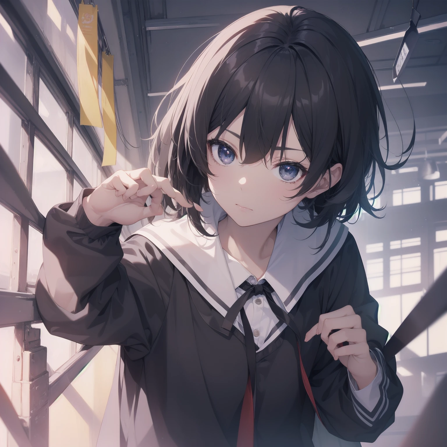 ultra-absurdres-Top quality by artist God, ultra-detailed, high resolution, anime moe artstyle, best anime 8k konachan wallpaper, pixiv contest winner, pool:2810, perfect anatomy,break, 1girl, (Please draw a girl walking sleepily to school alone. )break,(Solo,little female, 13-year-old:1.3),Full limbs, complete fingers,a junior high school student, (very short hair), short cut, flat chest, , small butt, small black eyes, beautiful detailed eyes, well-proportioned iris and pupils, expressive eyes, highres detailed hair, soft expression, salor school_uniform, sailor collar, serahuku, bow, pleated skirt,(Detailed Lighting), (Detailed background), in the School commute route. break,super detailed skin, Best cinematic lighting powered by famous artist, 8k,beauty illustration,photoshop_(medium),very aesthetic,break,((artist:hana_kazari )), artist:clamp ,artist:carnelian ,artist:kantoku ,