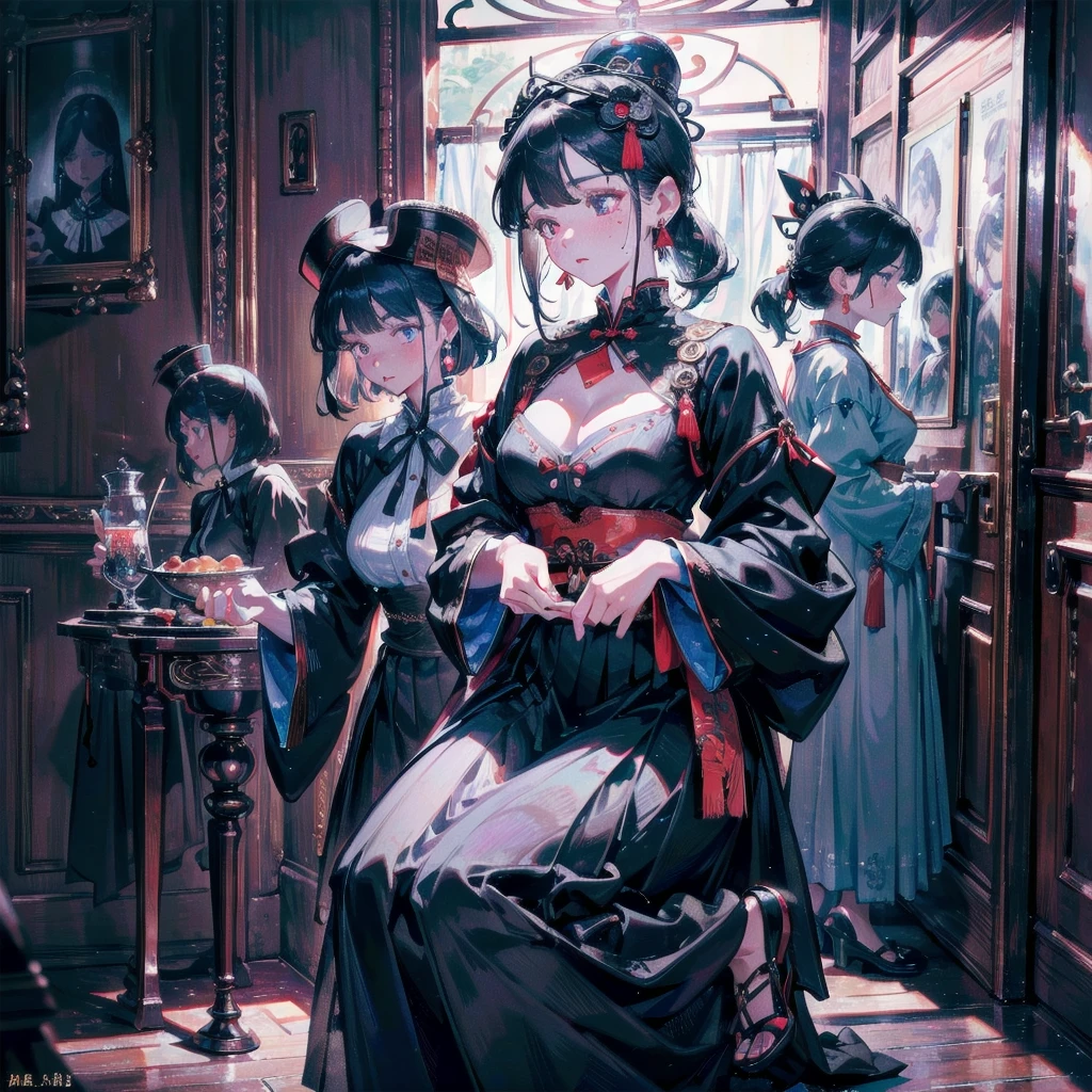 absurdres, RAW photo, extremely delicate and beautiful, masterpiece, Best Quality, ultra high resolution, 32k, hyperrealistic, ultra-detailed, delicate facial features, beautiful detailed woman, tearful mole, earring, medium breasts, (full body shot), medium hair, black hair, jiangshi, long skirt, 3 girls,