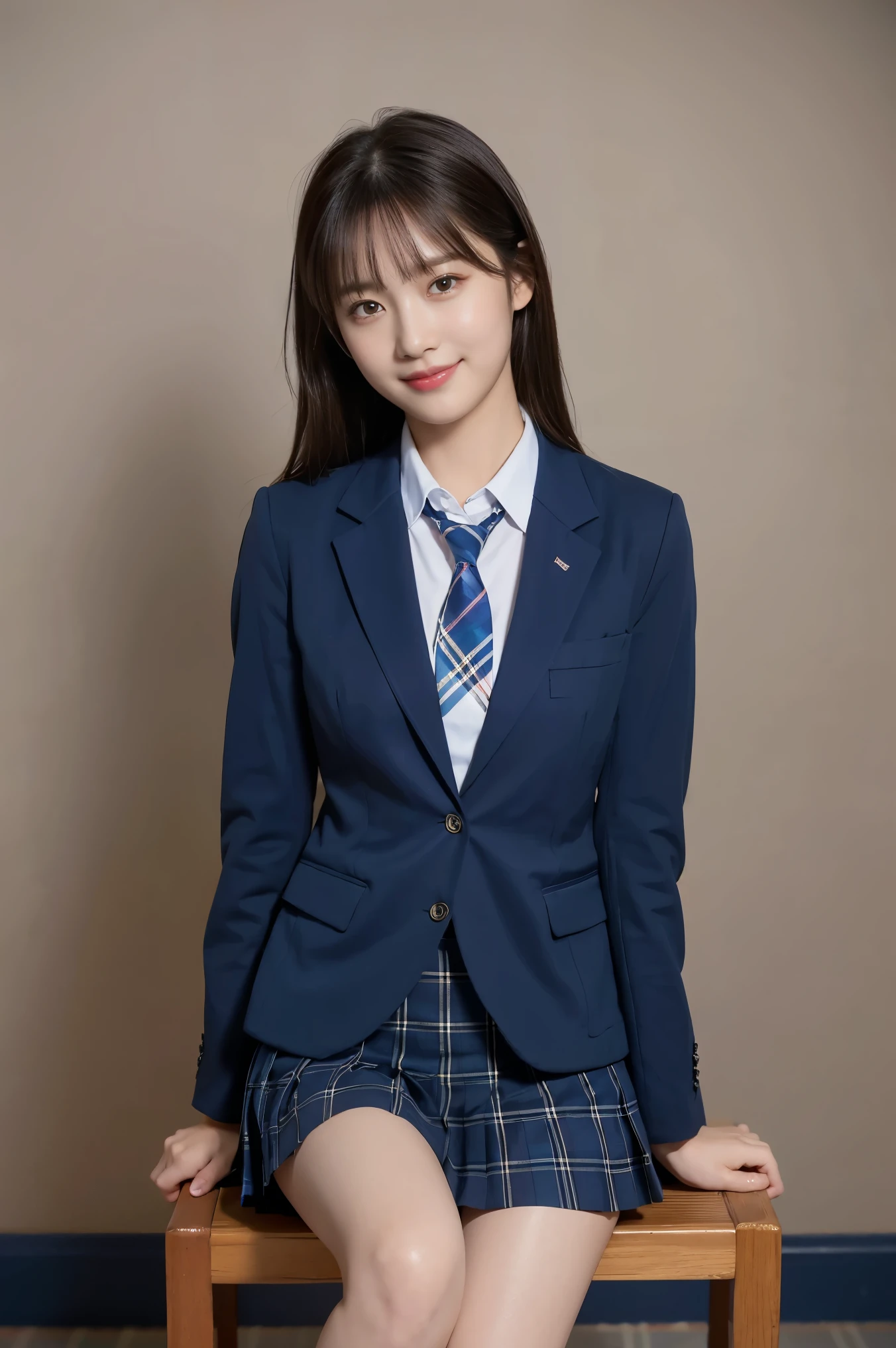 (8k), (highest quality: 1.2), (Realistic), (Realistic: 1.37), Ultra-high resolution, (1 girl), cute, blush,Embarrassed smile, Beautiful details, Beautiful Nose, straight Hair, Giant Dulcefo, pork, Thighs,Self Snap,University Uniforms,(A simple dark blue blazer:1.4),(Pleated skirt:1.2),(The skirt and tie are tartan check pattern.:1.3),(Sitting:1), Sit on the chair,(Hold my feet:1),(Shiny legs:1.2),from the front,knees