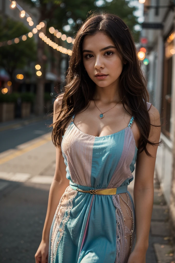 1girl in, age 25, Square face, Long hair, Looking at Viewer, jewelry, Realistic, A sexy, Maxi dress outfits, multicolored outfits, Bokeh lights background, sleep pose