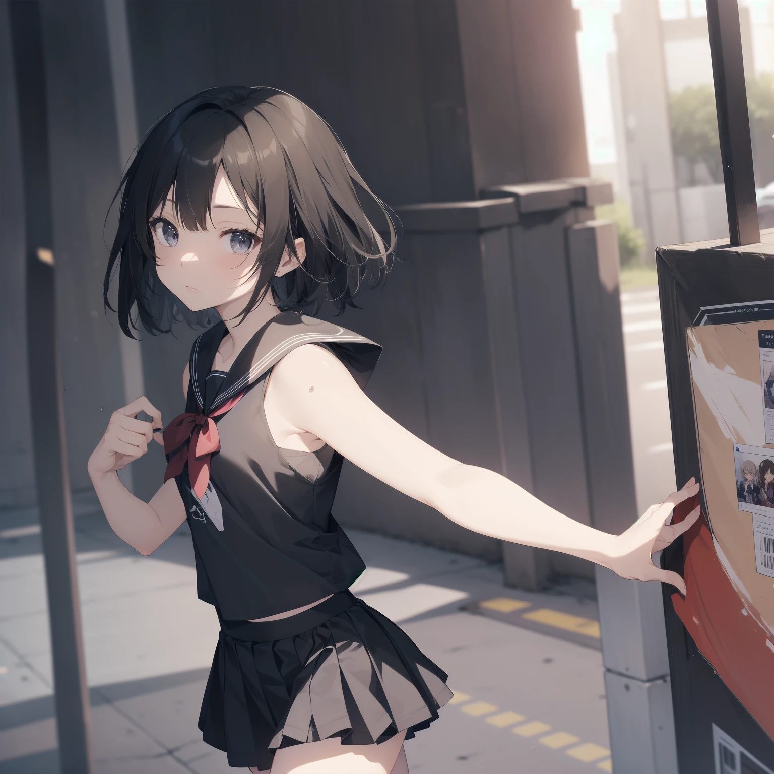ultra-absurdres-Top quality by artist God, ultra-detailed, high resolution, anime moe artstyle, best anime 8k konachan wallpaper, pixiv contest winner, pool:2810, perfect anatomy,break, 1girl, (Please draw a girl walking sleepily to school alone. )break,(Solo,little female, 13-year-old:1.3),Full limbs, complete fingers,a junior high school student, (very short hair), short cut, flat chest, , small butt, small black eyes, beautiful detailed eyes, well-proportioned iris and pupils, expressive eyes, highres detailed hair, soft expression, salor school_uniform, sailor collar, serahuku, bow, pleated skirt,(Detailed Lighting), (Detailed background), in the School commute route. break,dewy skin, perspiration on the skin,skin texture, fine lines, pores, natural imperfections,light reflections, glossy skin, shiny skin,break, Best cinematic lighting powered by famous artist, 8k,beauty illustration,photoshop_(medium),very aesthetic,break,((artist:hana_kazari )), artist:clamp ,artist:carnelian ,artist:kantoku ,