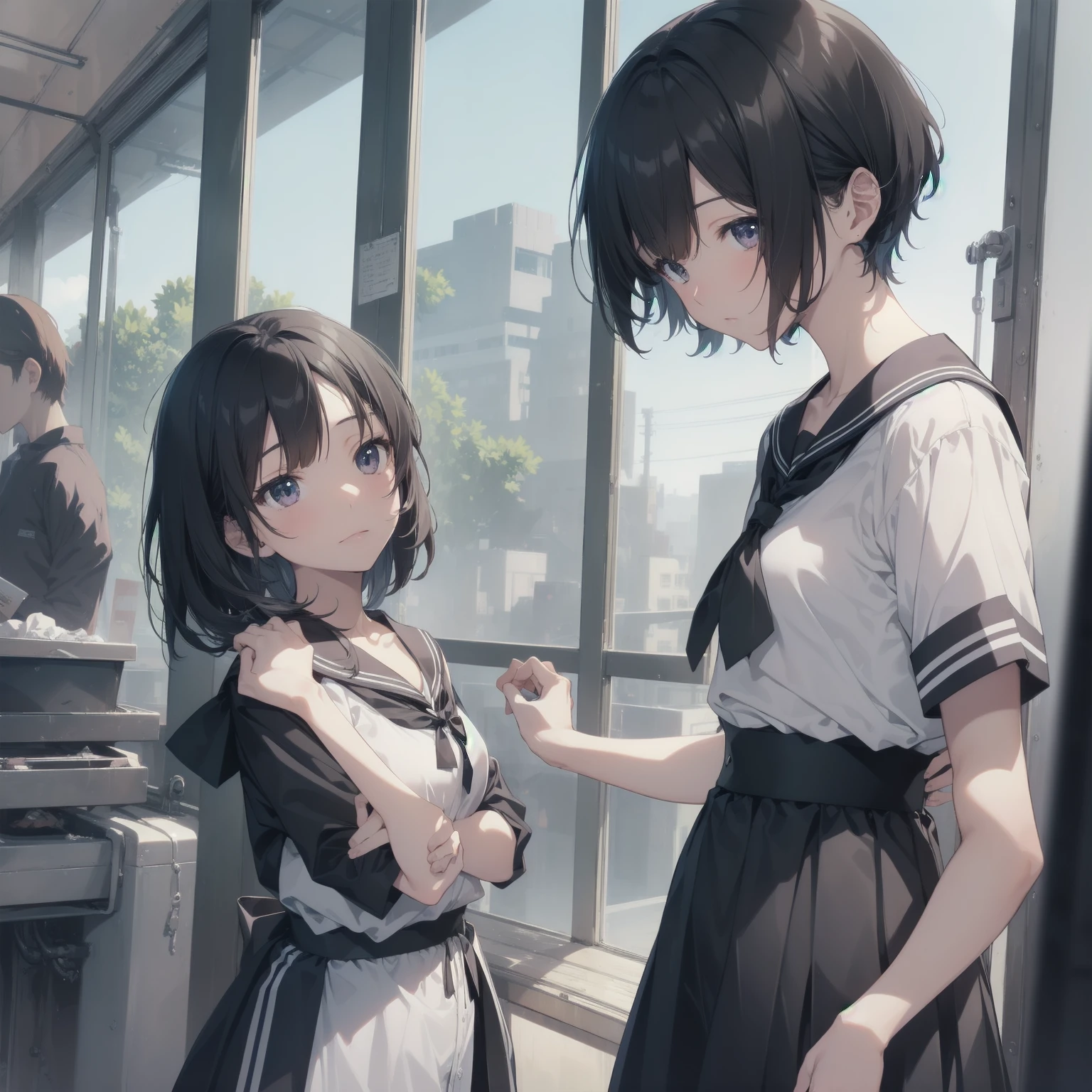 ultra-absurdres-Top quality by artist God, ultra-detailed, high resolution, anime moe artstyle, best anime 8k konachan wallpaper, pixiv contest winner, pool:2810, perfect anatomy,break, 1girl, (Please draw a girl walking sleepily to school alone. )break,(Solo,little female, 13-year-old:1.3),Full limbs, complete fingers,a junior high school student, (very short hair), short cut, flat chest, , small butt, small black eyes, beautiful detailed eyes, well-proportioned iris and pupils, expressive eyes, highres detailed hair, soft expression, salor school_uniform, sailor collar, serahuku, bow, pleated skirt,(Detailed Lighting), (Detailed background), in the School commute route. break,dewy skin, perspiration on the skin,skin texture, fine lines, pores, natural imperfections,light reflections, glossy skin, shiny skin,break, Best cinematic lighting powered by famous artist, 8k,beauty illustration,photoshop_(medium),very aesthetic,break,((artist:hana_kazari )), artist:clamp ,artist:carnelian ,artist:kantoku ,